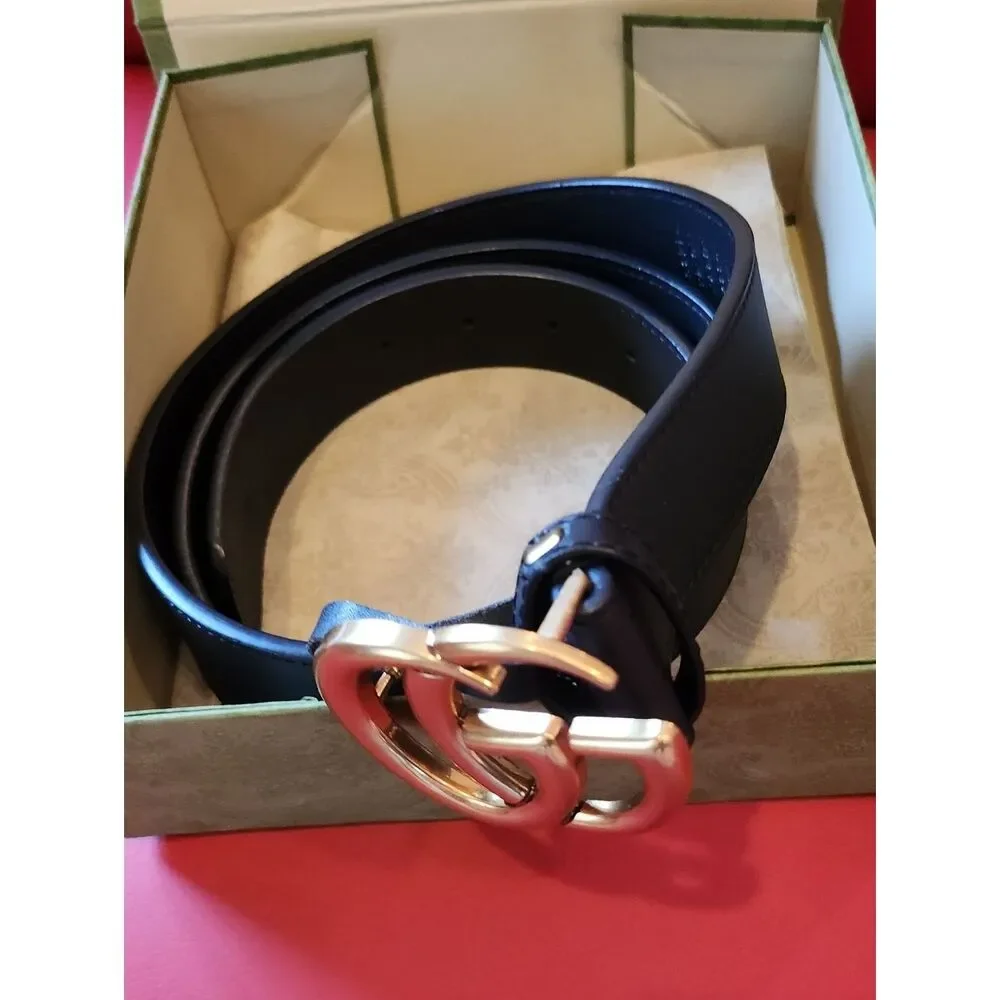 Gucci Black Leather Belt with Gold Double G Buckle
